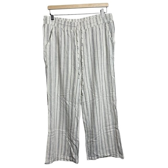 Blue Rain Pants - Linen Blend PullOn Pants Nautical Wide Leg Beach Striped Beige SZ L Lagenlook